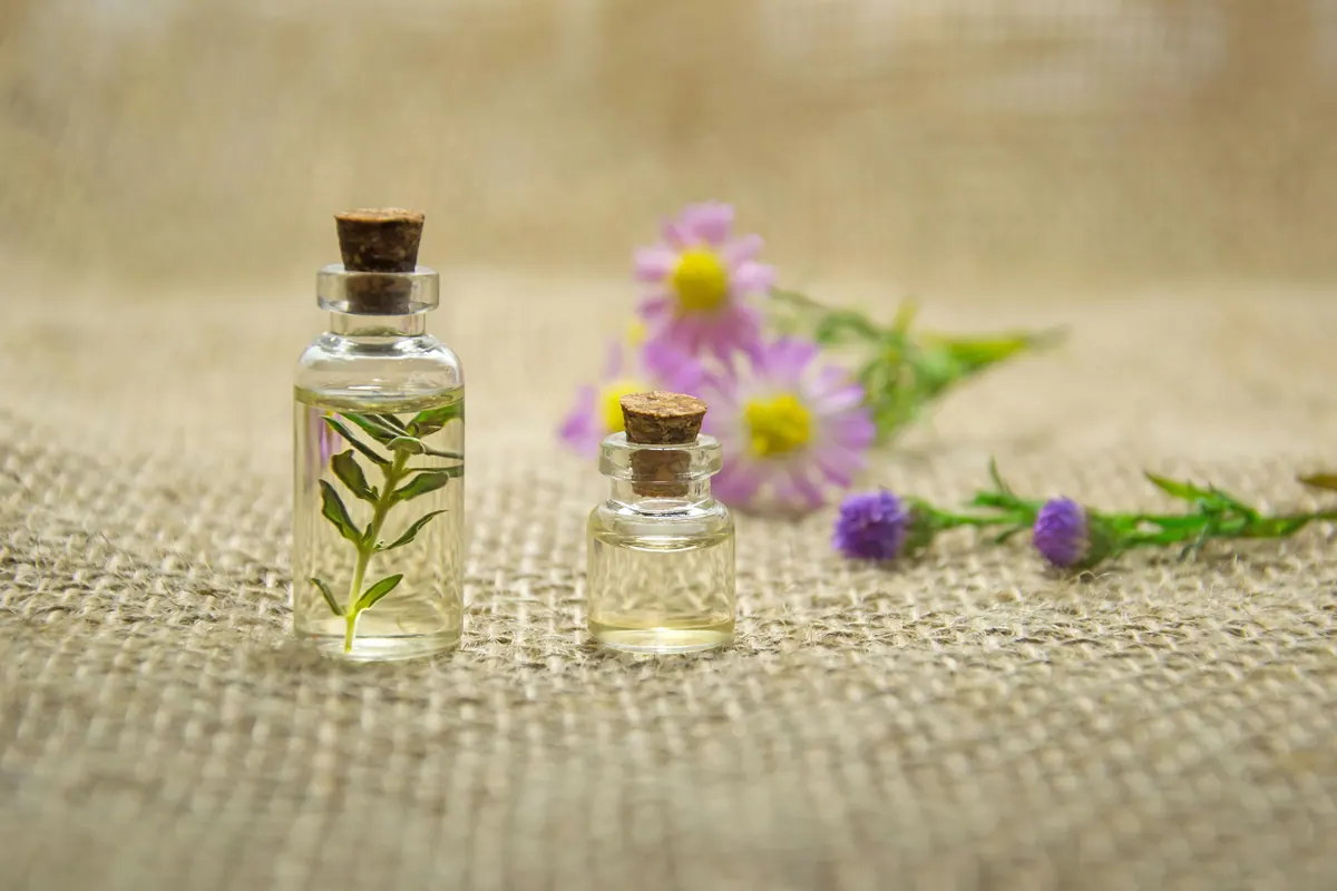 Flacons d'huiles essentielles et plantes aromatiques